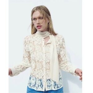 New Zara Cream Lace Blouse with Tie -NWR